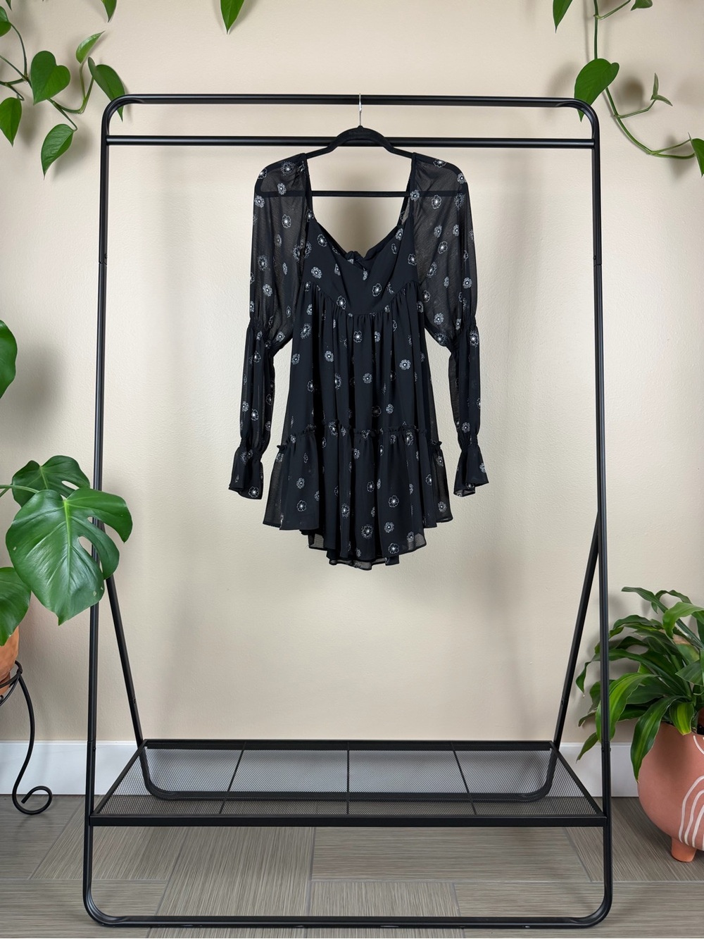 Urban Outfitters Black Mini Dress with Subtle White Floral Print